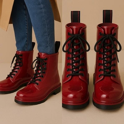 Botas de lluvia Michael Kors Tavie borgoña charol con cordones para mujer 9 estilo de combate Foto 1 de 4
