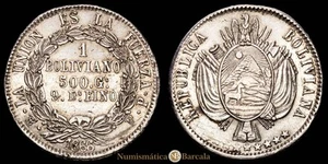  República de Bolivia 1 Boliviano (24,85g) 1866 Potosí Ensayador F·P KM-152.1 - Picture 1 of 3