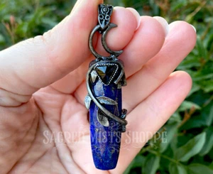 Lapis Lazuli & Onyx Moon Vine Leaf Tibetan Silver Crystal Pendant Jewelry - Picture 1 of 5