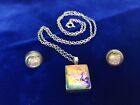 UNIQUE Sterling Silver Square Foiled Art Glass Pendant w Matching Round Earrings