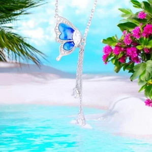 Exquisite 18K 925 Sterling Silver Gradient Blue Zircon Butterfly Tassel Pendant - Picture 1 of 7