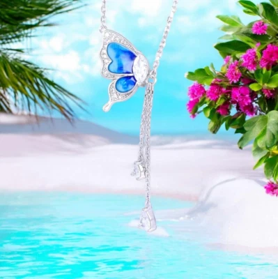 Exquisite 18K 925 Sterling Silver Gradient Blue Zircon Butterfly Tassel Pendant - Image 1 of 4