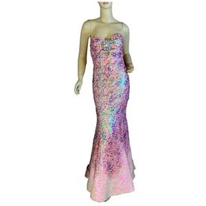 WOMEN'S JOVANI PINK W/MULTI-COLOR SEQUINS STRAPLESS MERMAID STYLE GOWN SIZE 4 - Picture 1 of 14