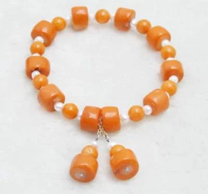10mm Slice Natural Pink Coral Bracelet for Women White Pearl Bracelet 7.5'' - Picture 1 of 4