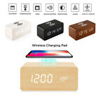 Wooden Electric Alarm Clock w/Wireless Charging Pad LED Charger for Bedroom Home
