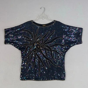 Sequin Shirt Womens Small Black Iridescent Beaded Flower 100% Silk Party Evening - Picture 1 of 14