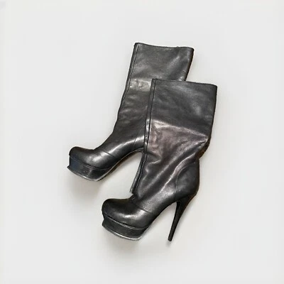 Botas de plataforma Saint Laurent Tribute de cuero negro con tacón de aguja 37,5 Foto 1 de 4