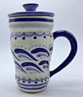 Large Mexico Art Pottery Mug w/ lid  Blue White, Signed, 6.75”