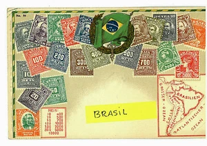 12.-PPC POSTAL BRASIL SELLOS MONTAJE ESCUDO DE ARMAS EN RELIEVE  - Imagen 1 de 2
