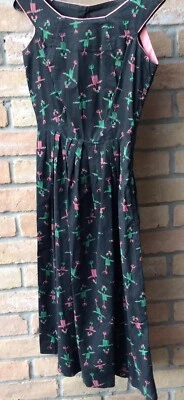VTG 50s Black Print Pinup Dress Sz S? Rockabilly Handmade 36"B 25"W 46"L FLAWS - Image 1 of 4
