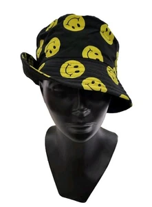 Sombrero Bucket Negro Amarillo Estampado Cara Feliz 100% Algodón Sombrilla Reversible - Imagen 1 de 3