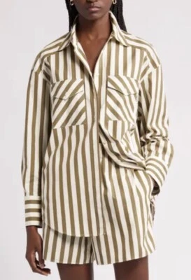 Nordstrom Womens Blouse Shirt Long Sleeve Olive Beige Stripe Oversized M - Image 1 of 4