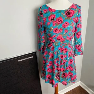 Ark & Co. Women's Size S Blue & Pink Floral 3/4 Sleeve Mini Dress - Picture 1 of 7
