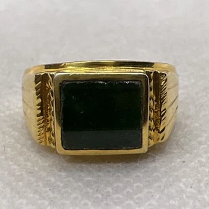 Vintage Elegant 17K Yellow Gold Green Jade Inlay Men’s Pinky Ring 7.6gr. Size 8 - Picture 1 of 12