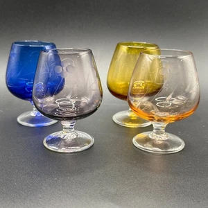 Set of 4 Colorful Vintage Etched Cordial Brandy Whiskey Glasses   - Picture 1 of 7