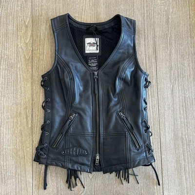 Chaleco Harley Davidson para mujer de cuero negro Boone flecos encaje lateral XS 98014-18VW Foto 1 de 4