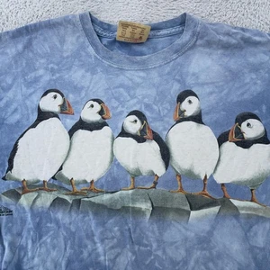 Vintage The Mountain Shirt Mens Medium Blue Tie-Dye Puffins Graphic 1999 USA 90s - Picture 1 of 8