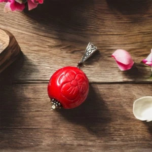 Vintage Hand-Carved Red Coral Pendant with Sterling Silver Bail Floral Design - Picture 1 of 12