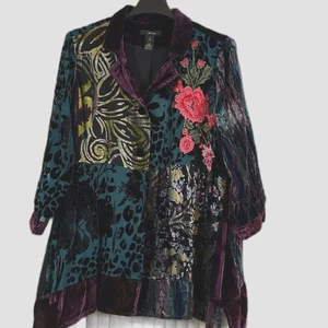 Ali Miles Samt Burnout, Patchwork Blumen bestickt Blazer 2X Art to Wear - Bild 1 von 8