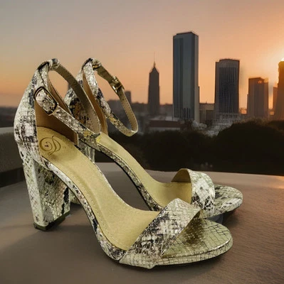 🔥 Delicioso • Estampado de piel de serpiente • Tacones de 4 pulgadas correas abiertas para los dedos • Dorado • Mujeres 7 Foto 1 de 4