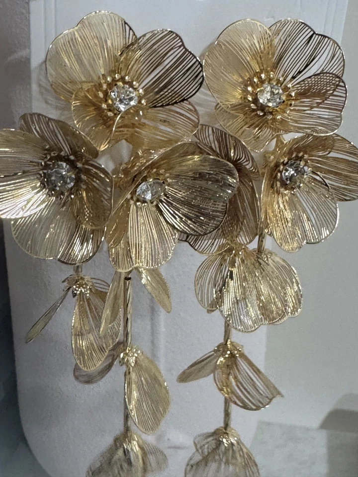 New Statment Gold Earrings Long Drop Dangle Chunky Floral Style Crystal Boho za  - Image 1 of 4