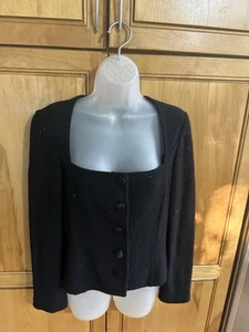 St John Evening Navy ? Jacket 4 Cropped Pailletés Black Satin Button Front NICE! - Picture 1 of 9