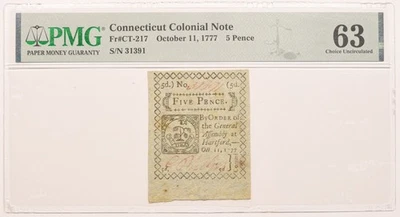 1777 5 Pence PMG 63 Connecticut Colonial Note Fr#CT-217 Paper Currency - Image 1 of 2