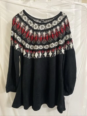 Style & Co Sweater Womens 1X Black W/ Red White & Grey Designs Long Sleeve NWT - Image 1 of 4