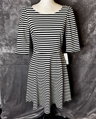 Pixley Dress Medium Kathy Striped Fit & Flare Black Cream V Neck Back NEW - Image 1 of 4