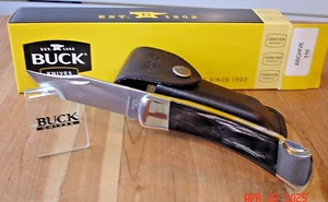 ARCHIVE 1997 BUCK KNIFE 110 HUNTER BLACK BUFFALO HORN HANDLE 420HC BLADE SHEATH - Picture 1 of 22