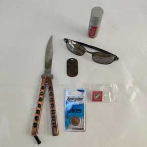 Rare Grandpa's Junk Drawer Lot Of 6 Knife Glasses Cologne Pin Battery Dog Tag - Picture 1 of 24