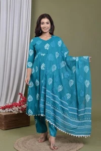 Indian New Trends Women Rama Green Printed Kurta With Trousers Dupatta set uk - Picture 1 of 5
