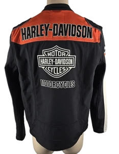 Harley Davidson Soft Shell Embroidered Zip Black Orange Motorcycle Jacket Large - Picture 1 of 5