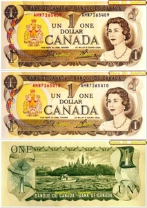 2x CANADA 1973 CROW BOUEY $1 DOLLAR PREFIX AMN7265421 -22 QUEEN BANKNOTE LOT UNC - Picture 1 of 5