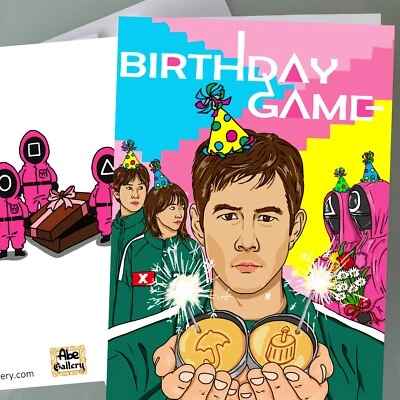 Tarjeta de cumpleaños divertida de juego de calamares Fan Art Foto 1 de 2