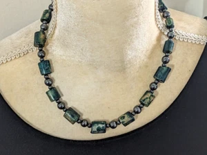 Collar Natural Ágata Verde Oscuro Tono Plata Cuentas 16" Cierre Barril - Imagen 1 de 2