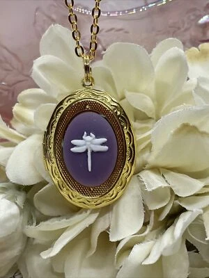 Venta NUEVO PÚRPURA Medallón Camafeo Libélula Dorado Hija Boda Fiesta Damas de honor Foto 1 de 4