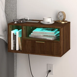 Floating Nightstand with Charging Station and LED Lights, Walnut Brown - Picture 1 of 7
