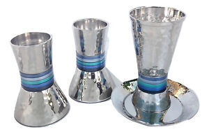 new set for Shabbat Aluminum textured blue/silver Candlesticks & kiddush cup 