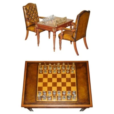 EXQUISITE RESTORED CHESSBOARD TABLE &LEATHER CHESTERFIELD ARMCHAIRS + CHESS SET - Image 1 of 4