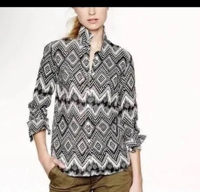 J. Crew Women’s Black White Linen Boy Aztec Ikat Print Button Down Shirt Sz 6 - Imagem 1 de 4