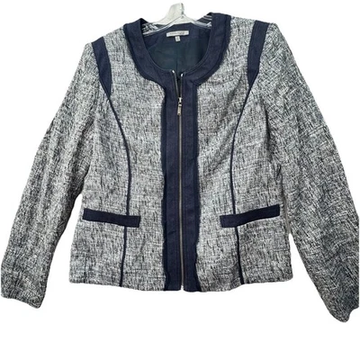 Chaqueta Blazer Anne Klein $450 Nueva con Etiquetas para Mujer 12 Tweed con Borde de Seda Azul Cremallera Completa Foto 1 de 4