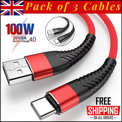 USB A to USB-C Cable Braided Fast Charger Type C Lead For iPhone 15 16 / Samsung - Image 1 of 4