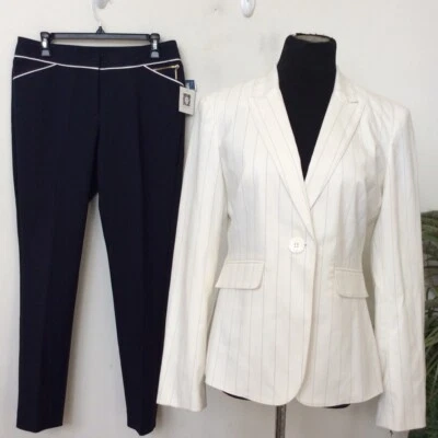 Новый с Ярлыками Emily / Anne Klein несоответствующие женские в полоску кремовый темно-брюки костюм размер 8, $240 - Изображение 1 из 4