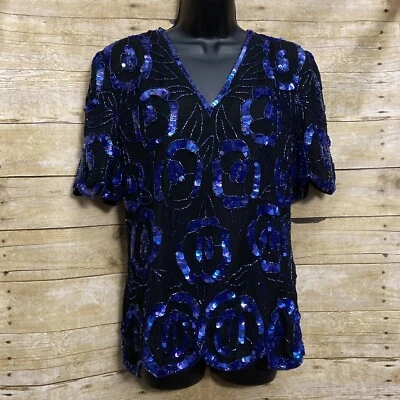 VTG 80s LAWRENCE KAZAR Black Blue Floral Beaded Sequin Silk Top Blouse M Retro - Image 1 of 4