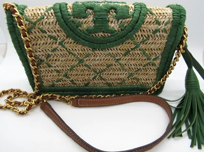 Tory Burch Fleming Soft Straw Wallet Crossbody ~ Arugula Green Chain Bag Purse - Image 1 of 4