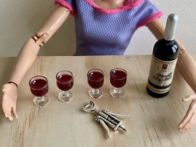 USAMINIATURE 6 PCS 1:6 lot Dollhouse Miniature Red Wine Bottles 4 cups Metal Wine Opener Set