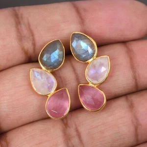 Pearl Multi Gemstone Stud Earrings 18k Gold Plated Silver Wedding Gift For Her - Picture 1 of 12