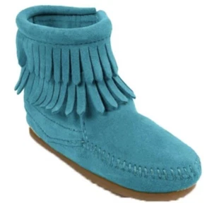 MINNETONKA 'Double Fringe' Side Zip Western Boots Turquoise Girls Size 1 *EUC* - Picture 1 of 14