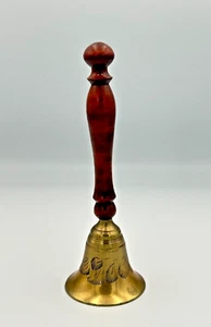 Etched Fern Pattern Wooden Handled Brass Bell India - Picture 1 of 12